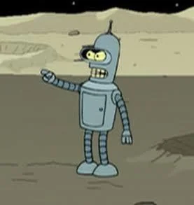 Bender from Futurama, walking off to build his own theme park